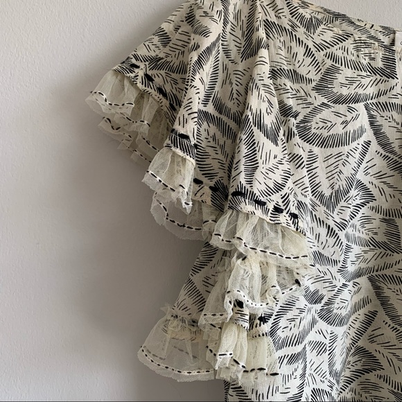 LoveShackFancy Celeste Top Moroccan Leaf Cream black ruffle sleeve - Picture 9 of 13